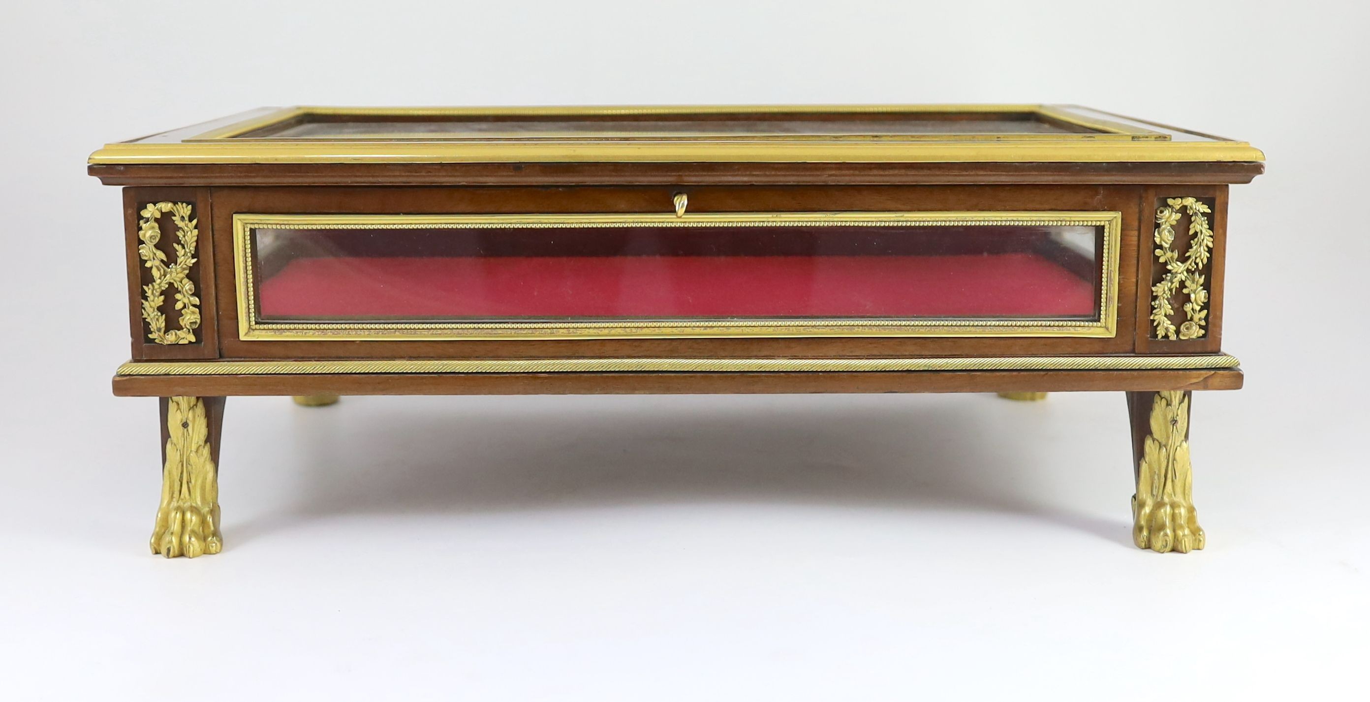 An early 20th century French ormolu mounted mahogany table top bijouterie cabinet, W.50cm D.33cm H.18cm